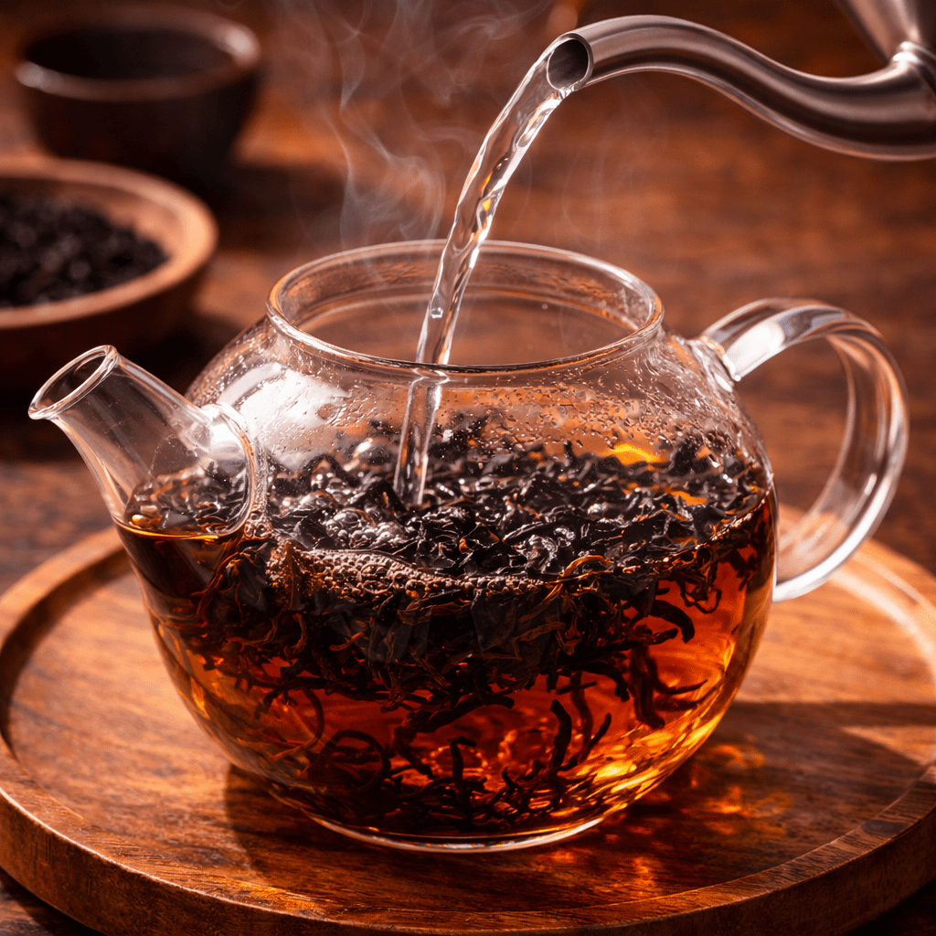 black tea brewing in glass teapot