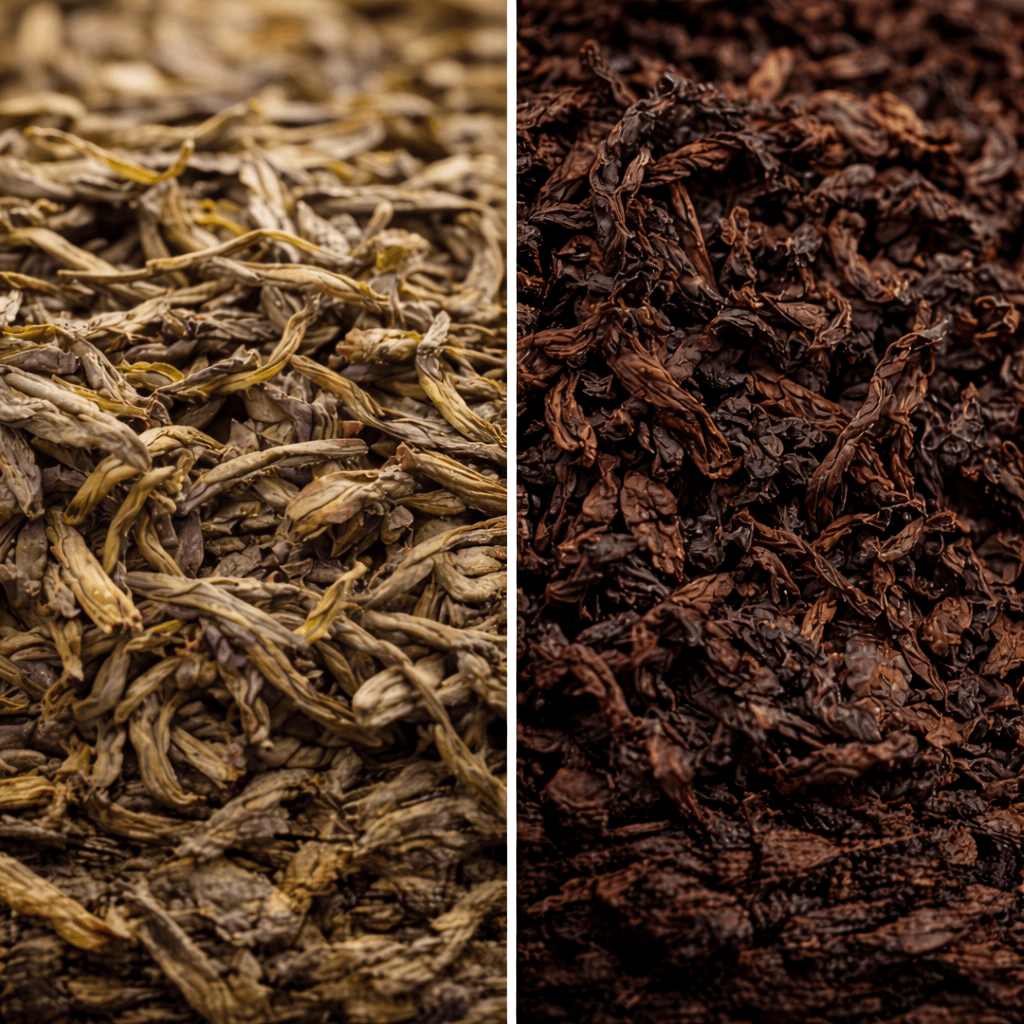 close up texture comparison of raw pu erh leaves and ripe pu erh leaves