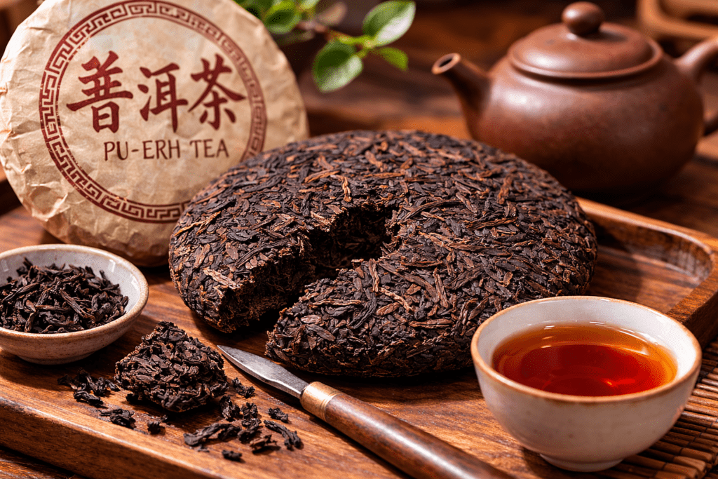 pu-erh tea cake compressed leaves close up