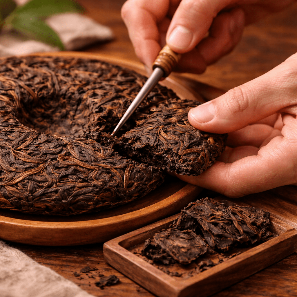 breaking pu-erh tea cake with tea knife