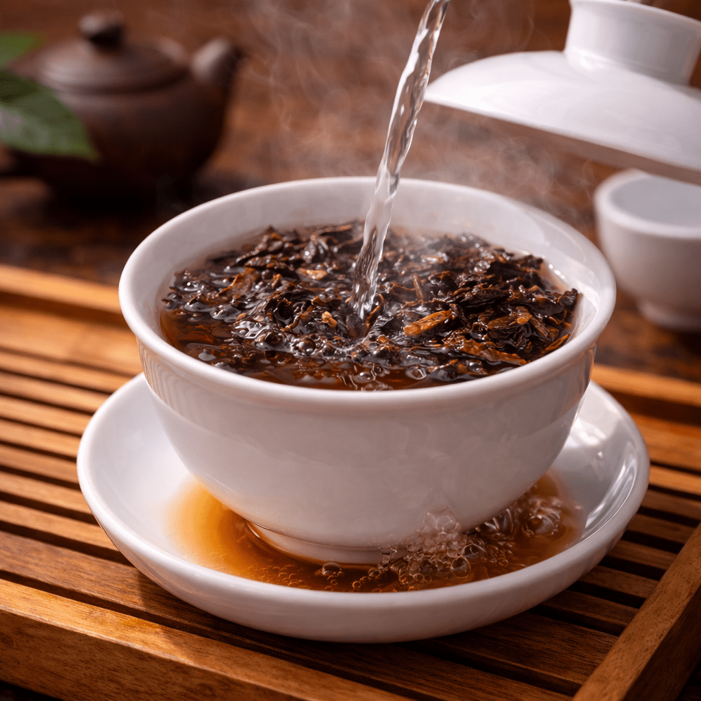 rinsing pu-erh tea leaves in gaiwan