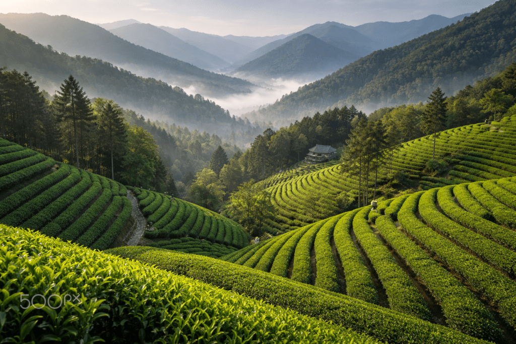 Chinese green tea plantation in the mountains with terraced tea gardens