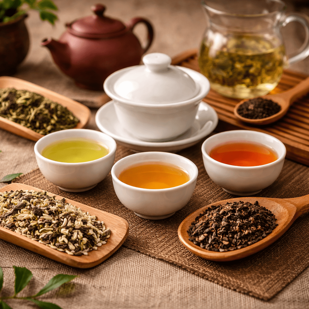 beginner friendly chinese tea setup with gaiwan teacups and different loose leaf teas on a wooden table