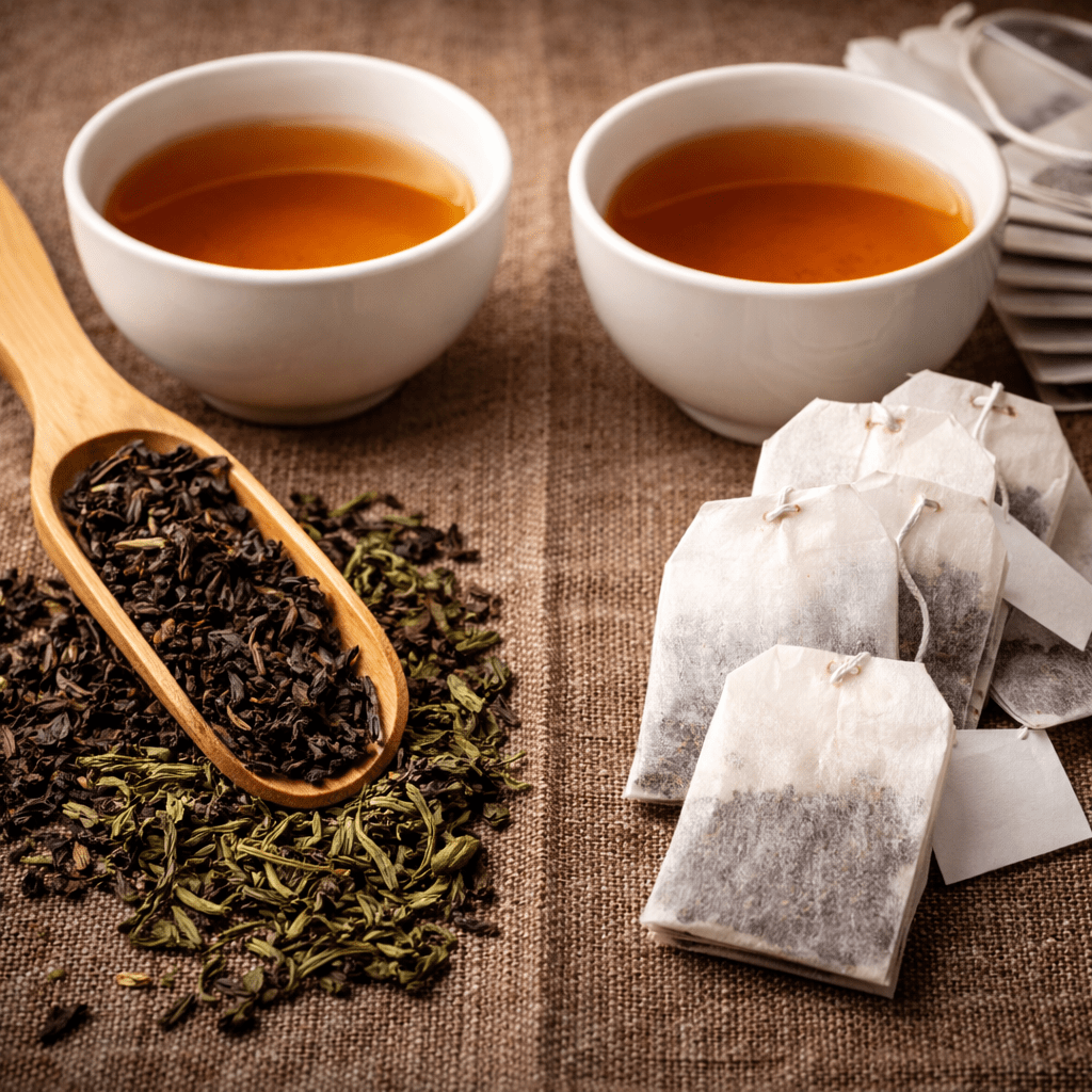comparison of loose leaf tea and tea bags with brewed tea cups and loose tea leaves on wooden table