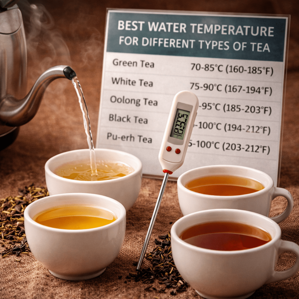tea brewing setup showing thermometer kettle and cups demonstrating different water temperatures for various types of tea