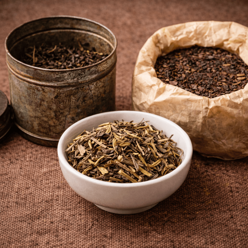 different containers of loose leaf tea showing aged tea storage including tea tin paper wrapped tea and ceramic bowl