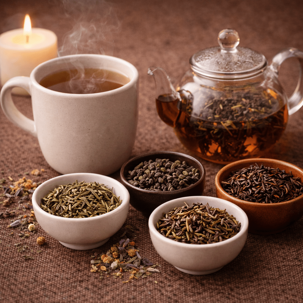 relaxing tea setup with steaming cup glass teapot and different loose leaf teas creating a calm atmosphere