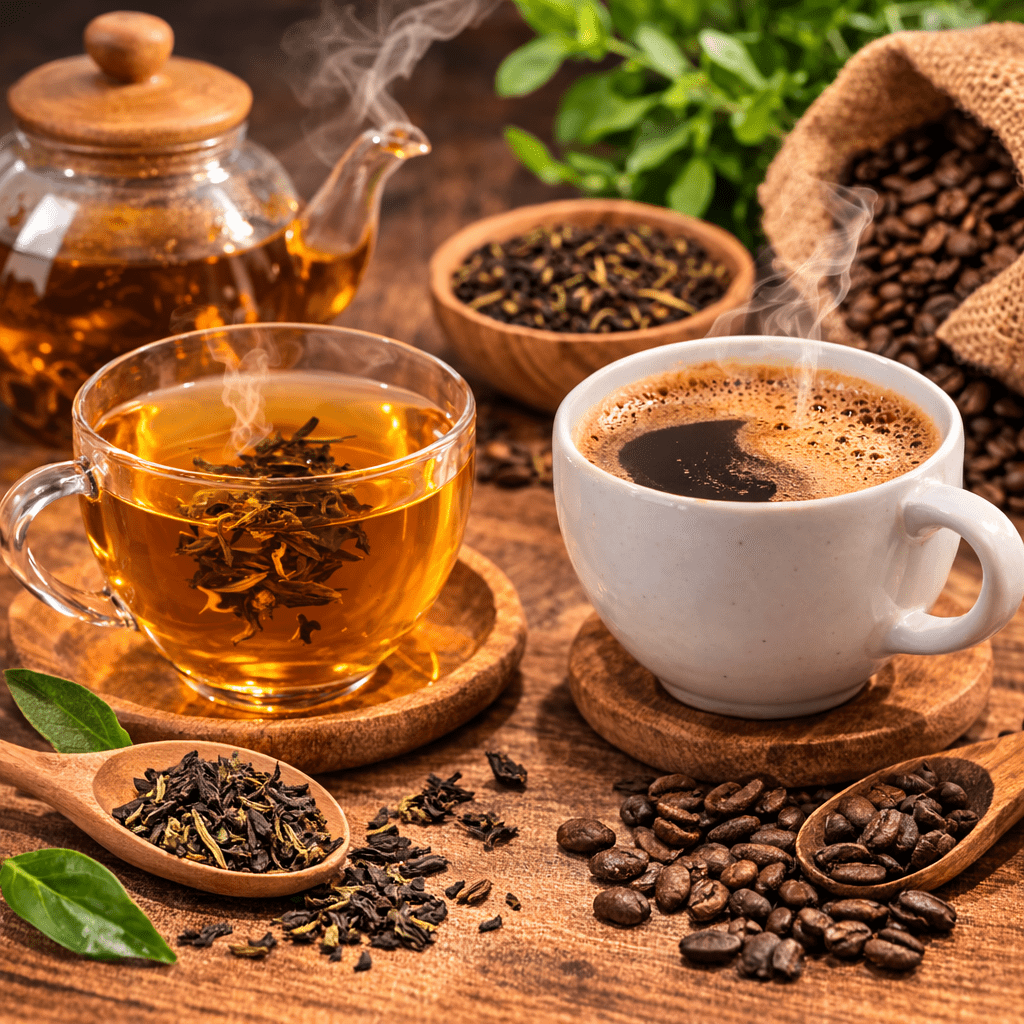 comparison of tea and coffee with glass cup of tea white coffee cup loose tea leaves and coffee beans on wooden table
