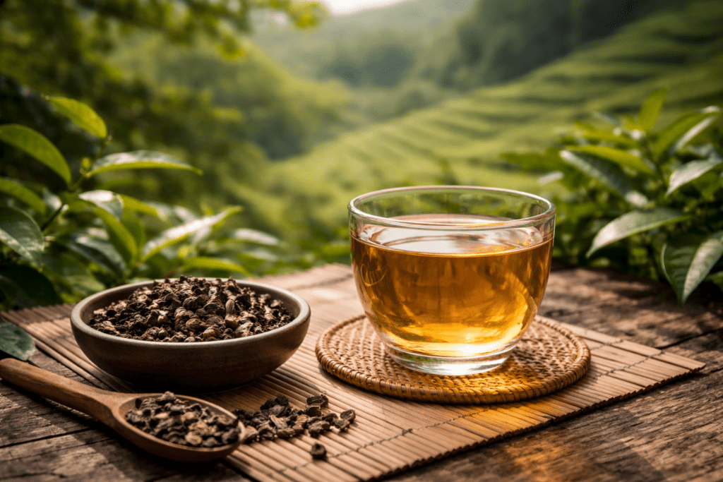 oolong tea leaves and brewed tea on a traditional Chinese tea table