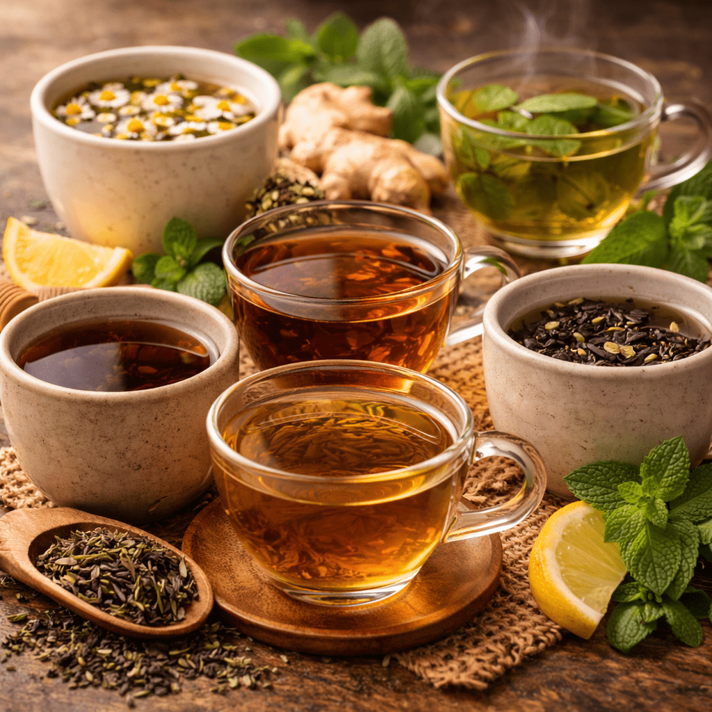 selection of herbal and traditional teas known for supporting digestion arranged on a wooden table