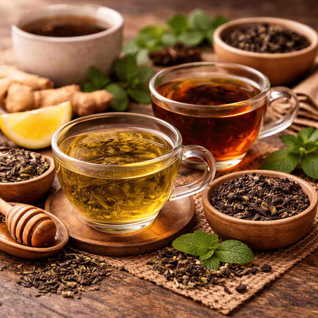 assortment of teas often associated with weight loss including green tea oolong tea and pu erh tea displayed in glass cups
