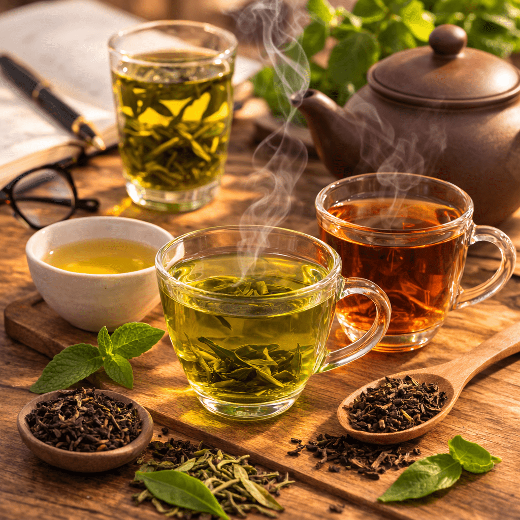 energizing tea setup with green tea matcha powder loose tea leaves and fresh mint on a wooden table
