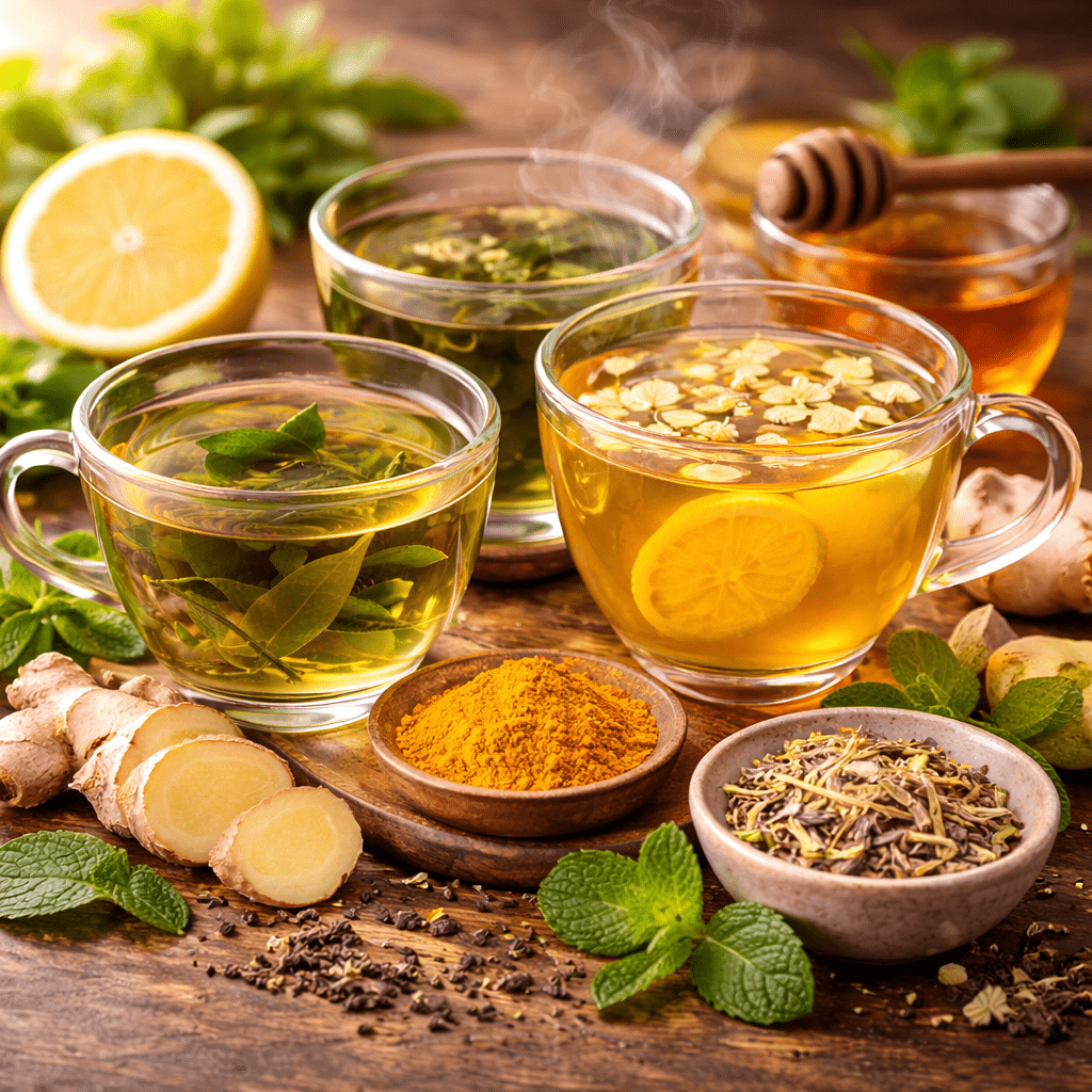 assortment of immune supporting teas including green tea chamomile tea and ginger turmeric tea with fresh herbs