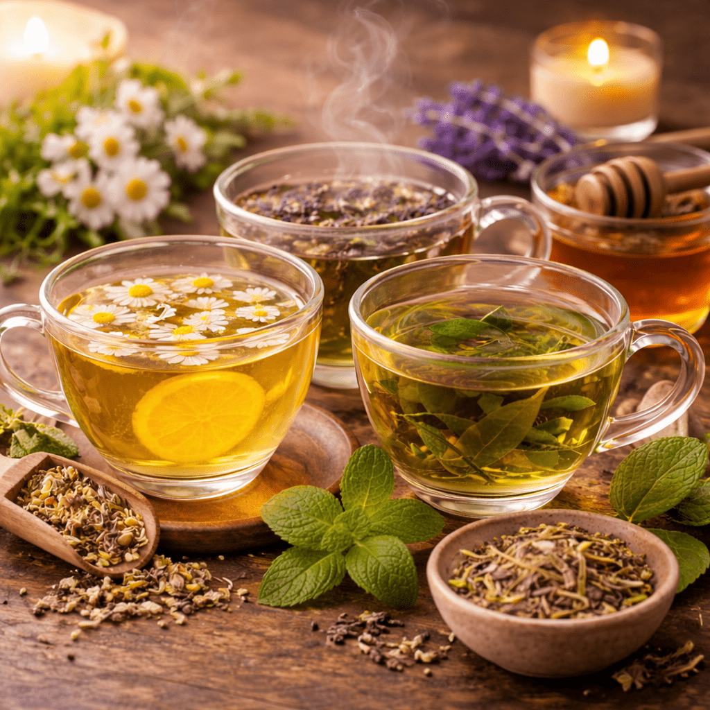 calming herbal teas including chamomile lavender and green tea arranged on wooden table