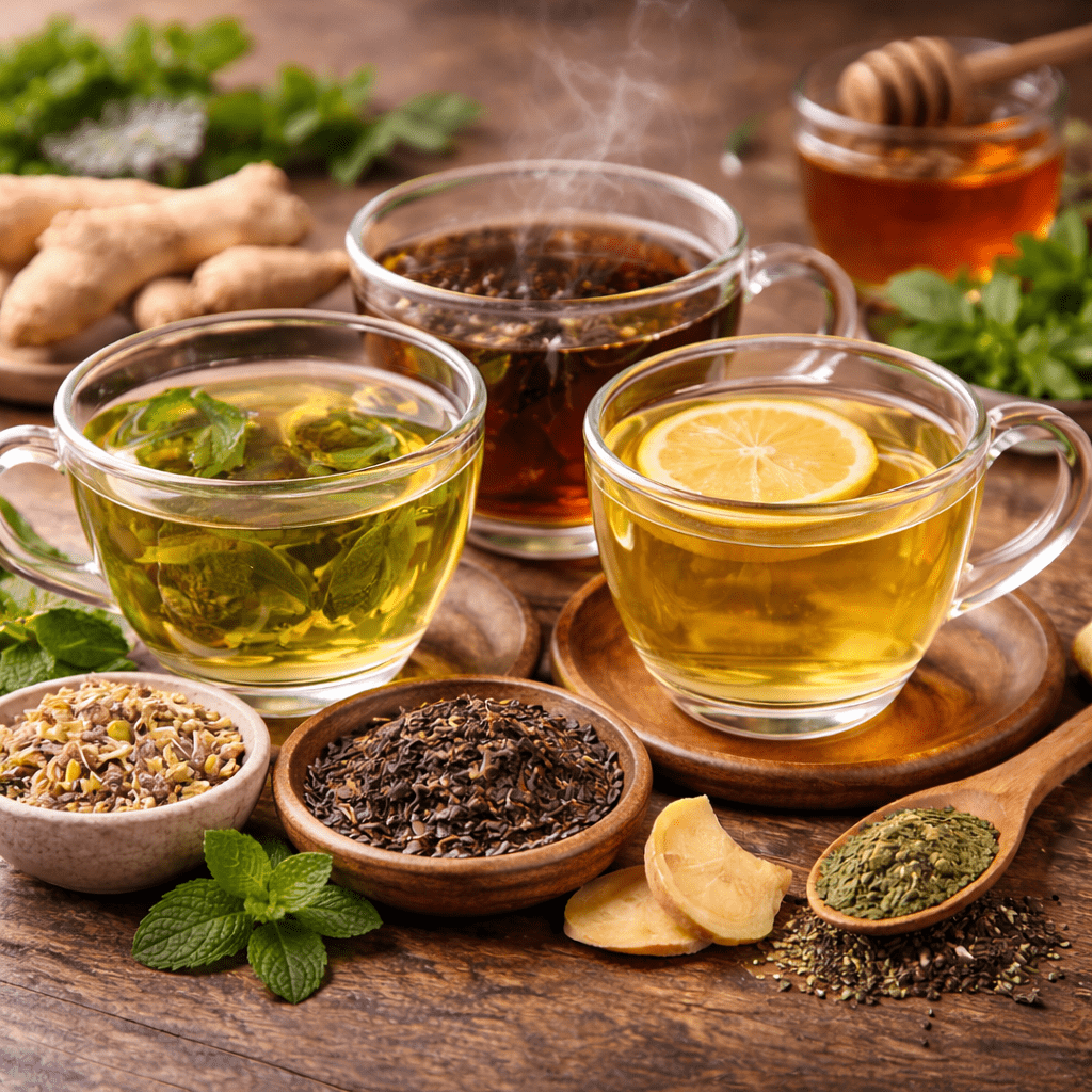 assorted teas including green tea ginger tea and pu erh tea arranged for digestive health