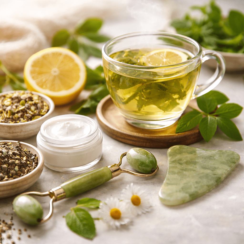 green tea with natural skincare ingredients and herbs for healthy skin