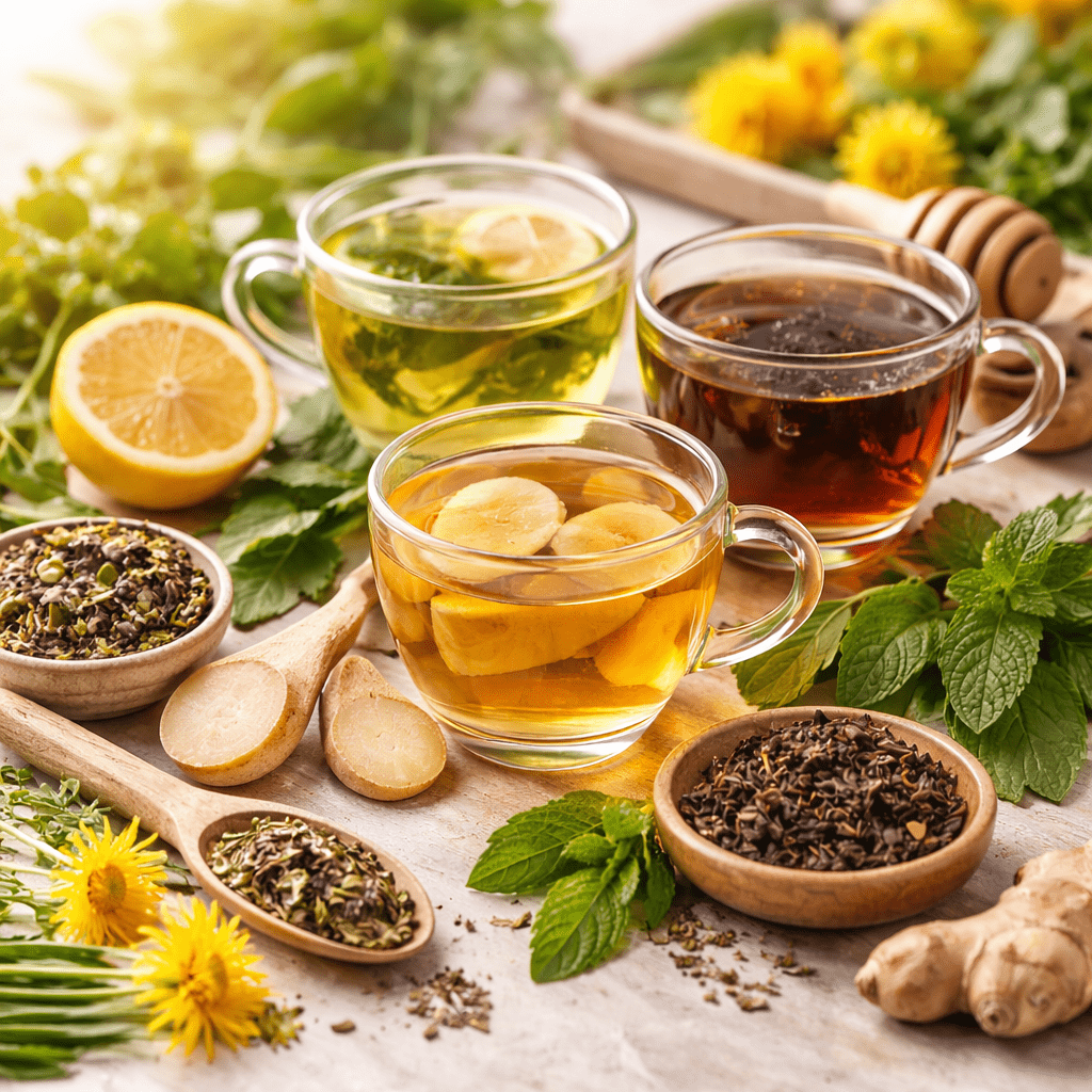 detox teas with ginger lemon mint and herbal ingredients on wooden table