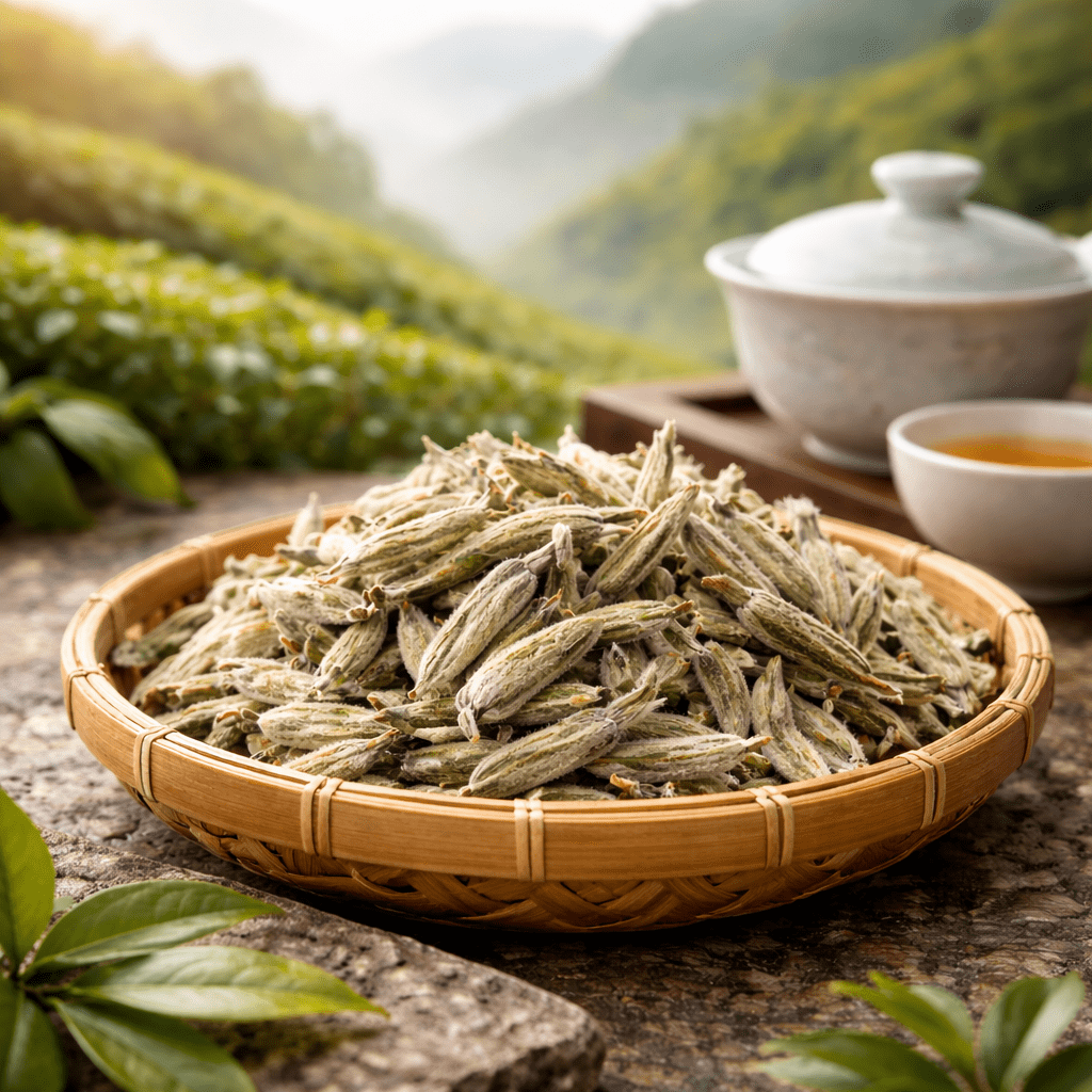 dried white tea leaves in a bamboo basket showing the natural appearance of traditional Chinese white tea
