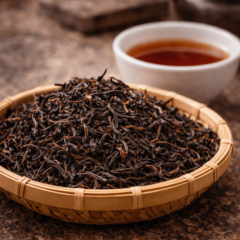dried Chinese black tea leaves in a bamboo tray with a cup of brewed black tea in the background
