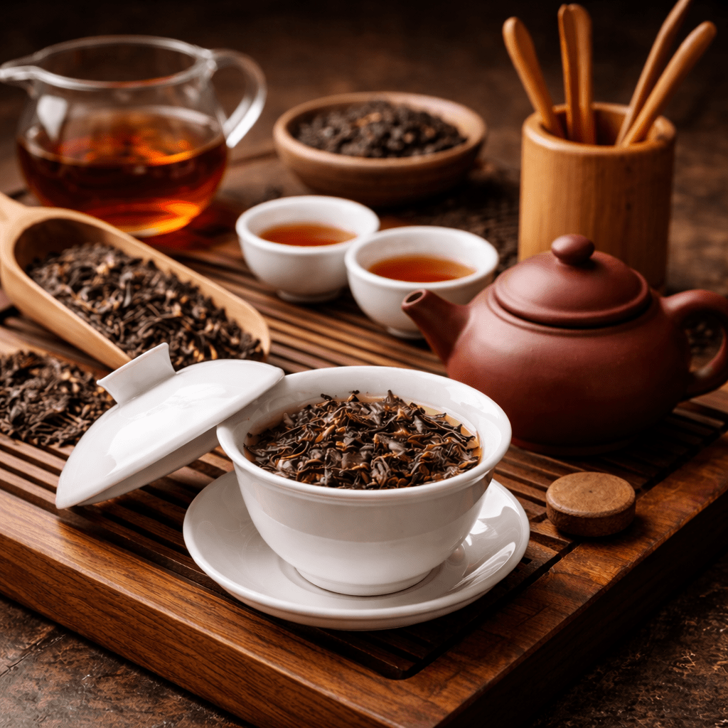 traditional chinese tea brewing setup with gaiwan yixing teapot loose tea leaves and small tea cups on a tea tray
