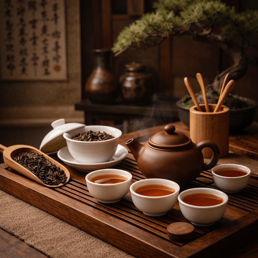 traditional chinese tea table setup with gaiwan yixing teapot tea cups and loose tea leaves on a wooden tea tray
