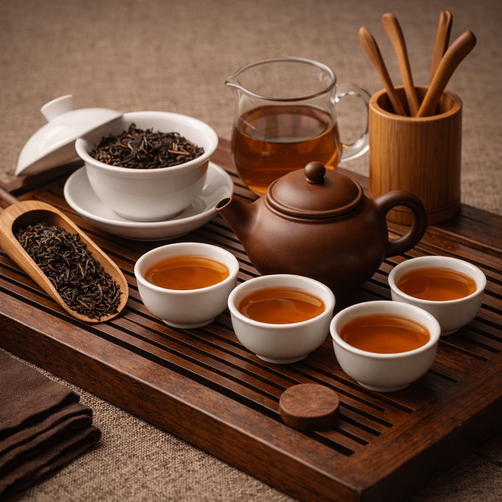 traditional chinese tea ceremony setup with gaiwan yixing teapot tea cups and loose tea leaves on a wooden tea tray