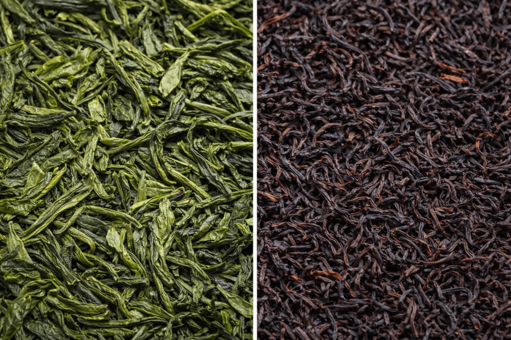 comparison between green tea leaves and black tea leaves showing oxidation differences