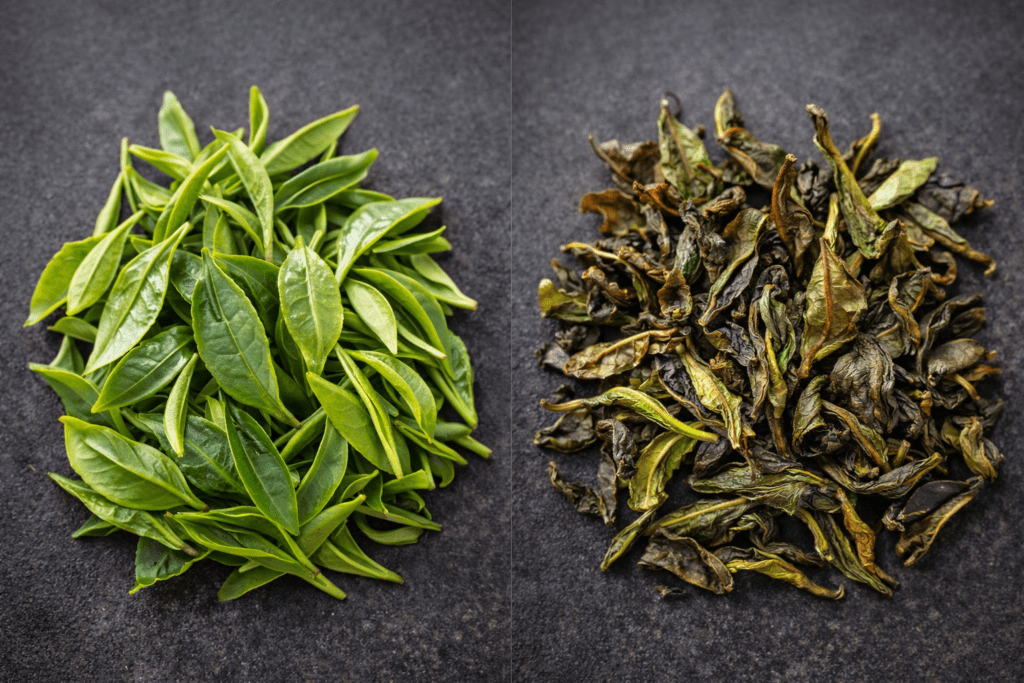 comparison of green tea leaves and dark oolong tea leaves showing oxidation differences