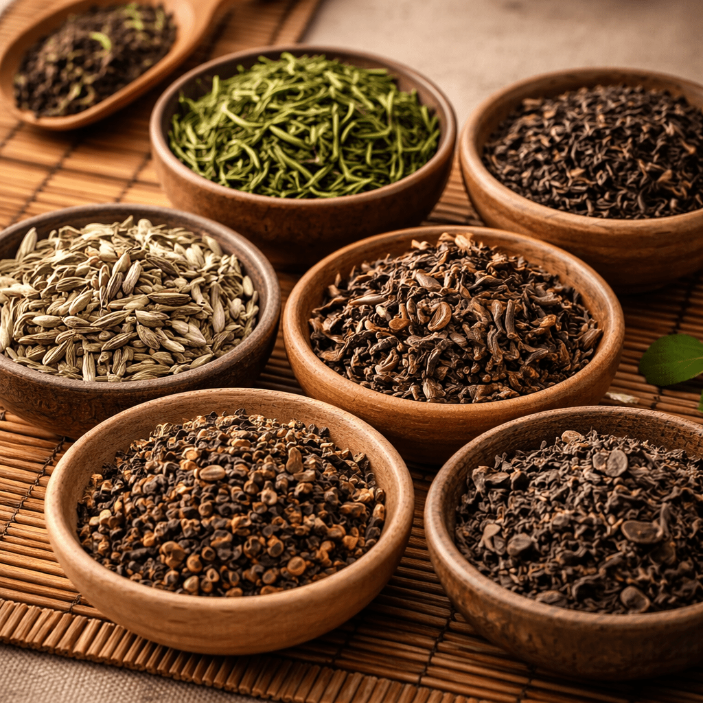 six types of loose leaf chinese tea displayed in wooden bowls on a bamboo mat