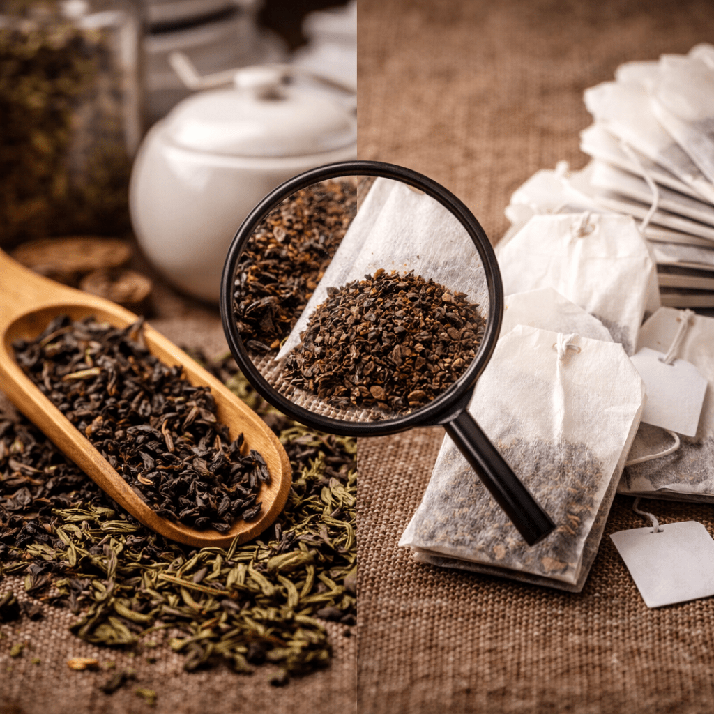 close up comparison of loose leaf tea leaves and tea bag tea dust showing difference in leaf quality