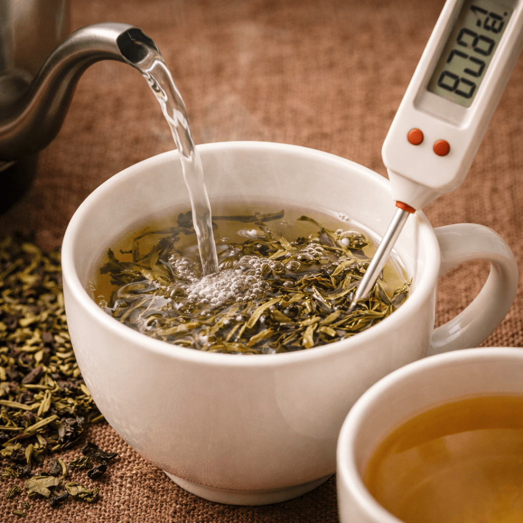 green tea leaves brewing in hot water with thermometer showing ideal temperature for green tea preparation