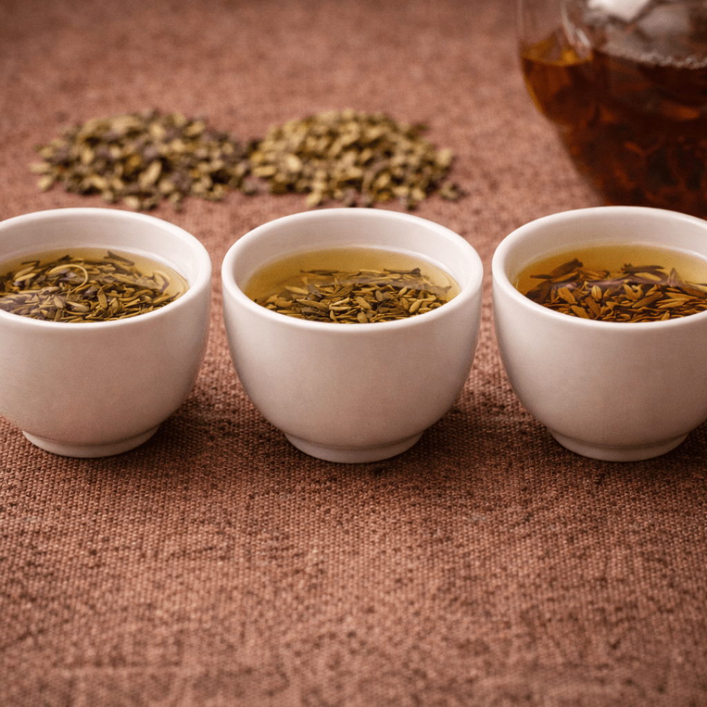 three cups of tea showing multiple infusions with tea leaves gradually opening during brewing