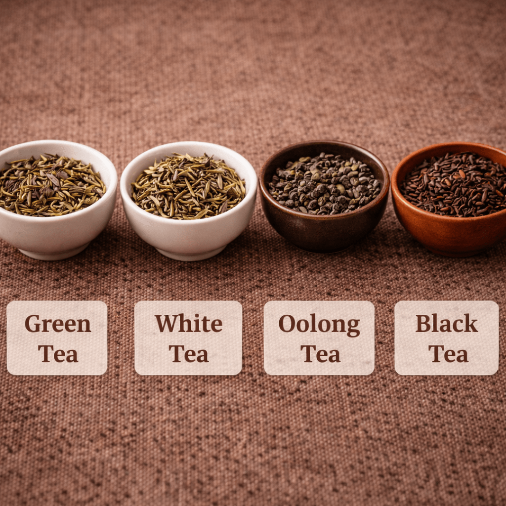 four types of loose leaf tea including green tea white tea oolong tea and black tea displayed in small bowls