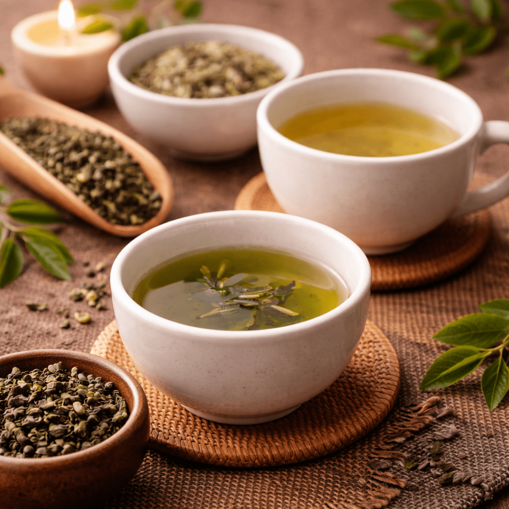 two cups of green tea and white tea with loose leaf tea on a wooden table showing calming tea options