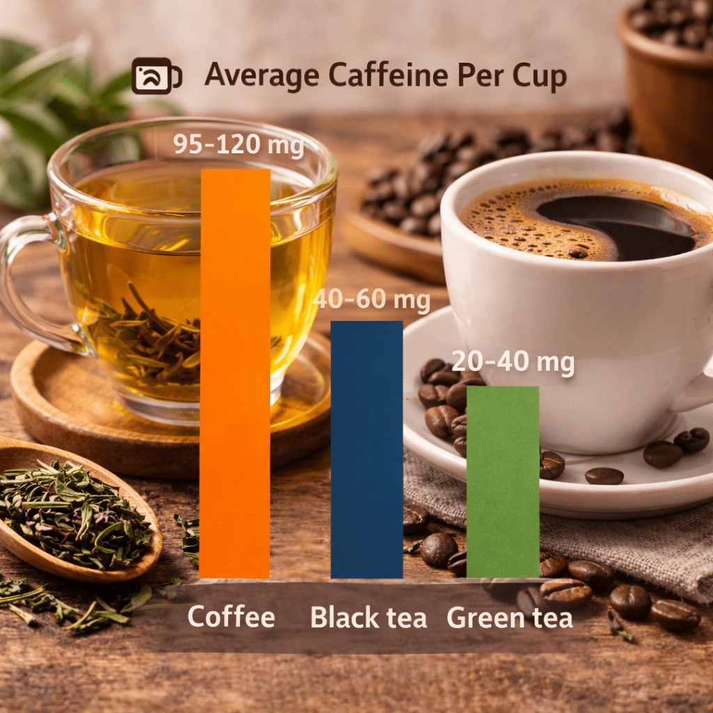 caffeine comparison chart showing coffee black tea and green tea with different caffeine levels per cup
