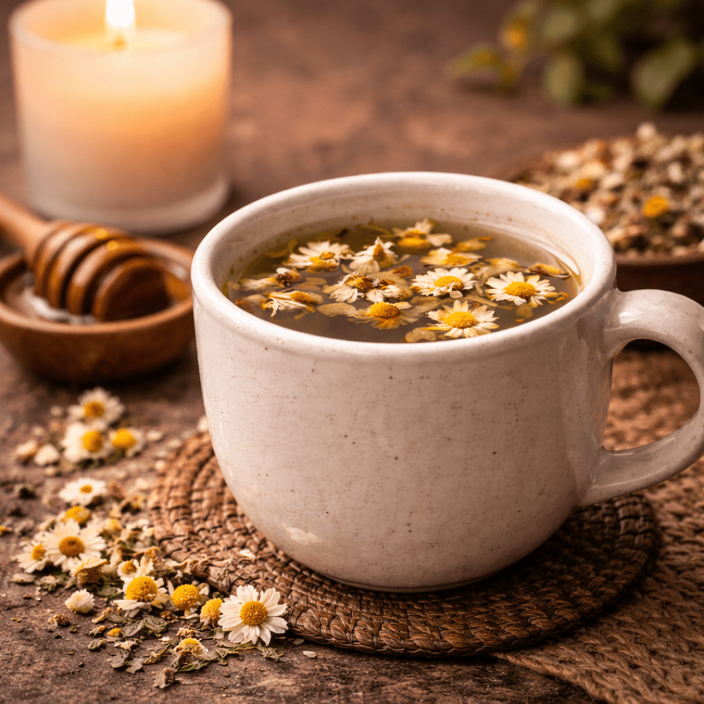 cup of chamomile tea with dried chamomile flowers in a calm evening setting