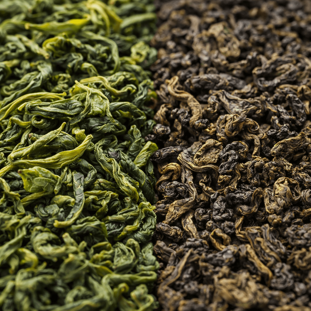 comparison between green tea leaves and white tea leaves showing the lighter color and delicate buds of white tea
