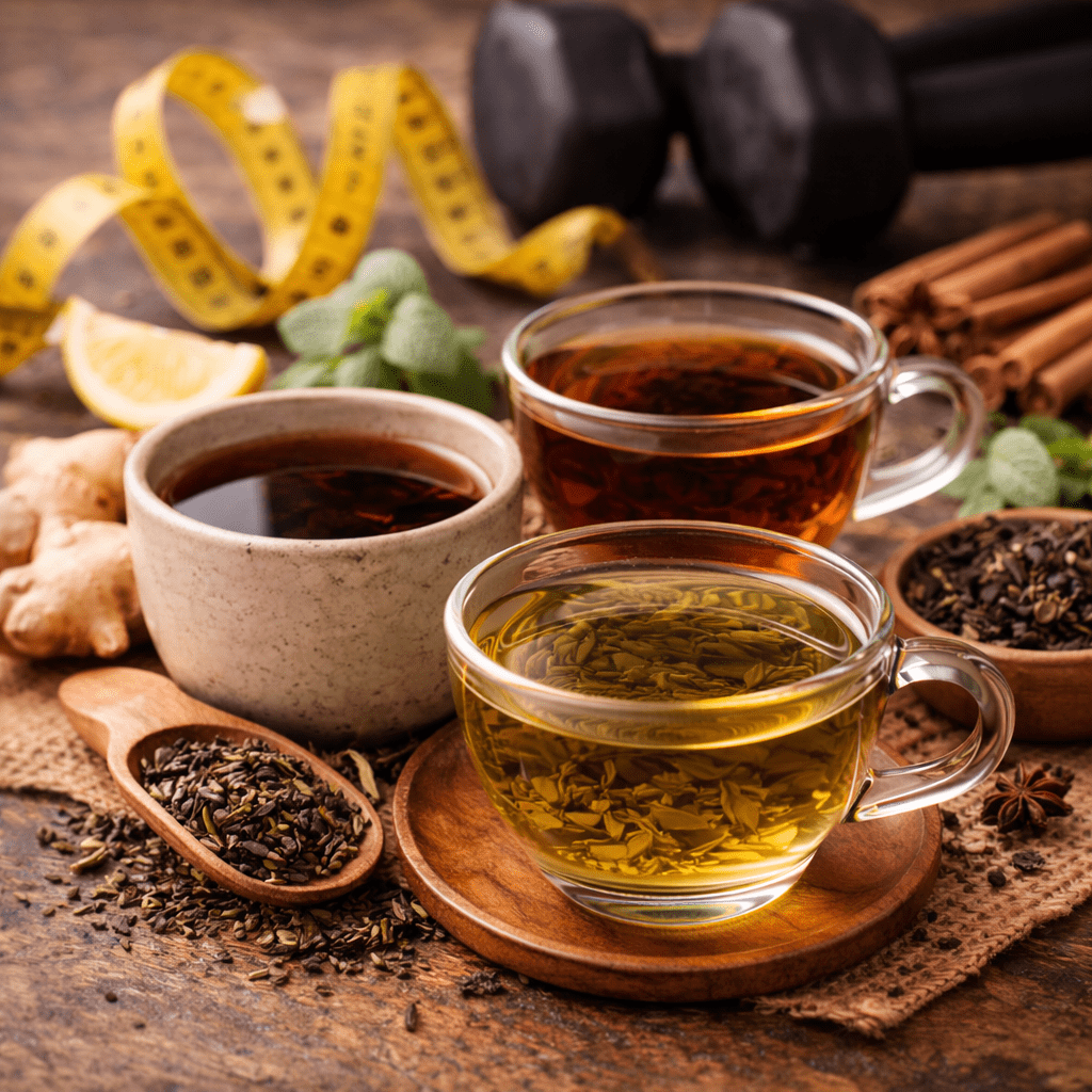 three cups of tea including green tea oolong tea and pu erh tea with loose tea leaves on a wooden table
