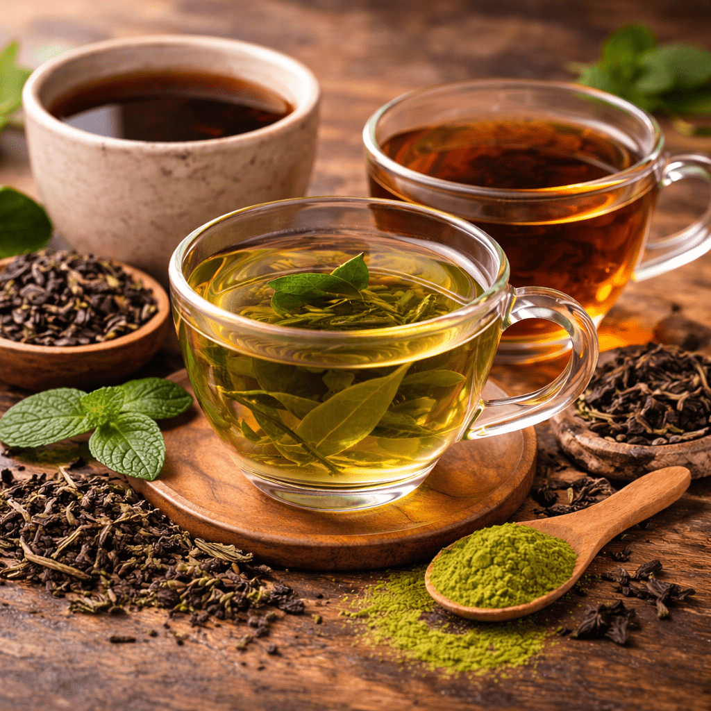 three cups of tea including green tea black tea and oolong tea displayed with loose tea leaves