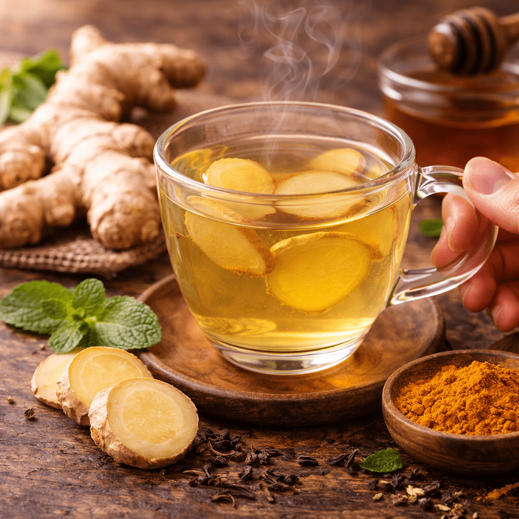 fresh ginger tea in a glass cup with sliced ginger root turmeric powder and honey on wooden table
