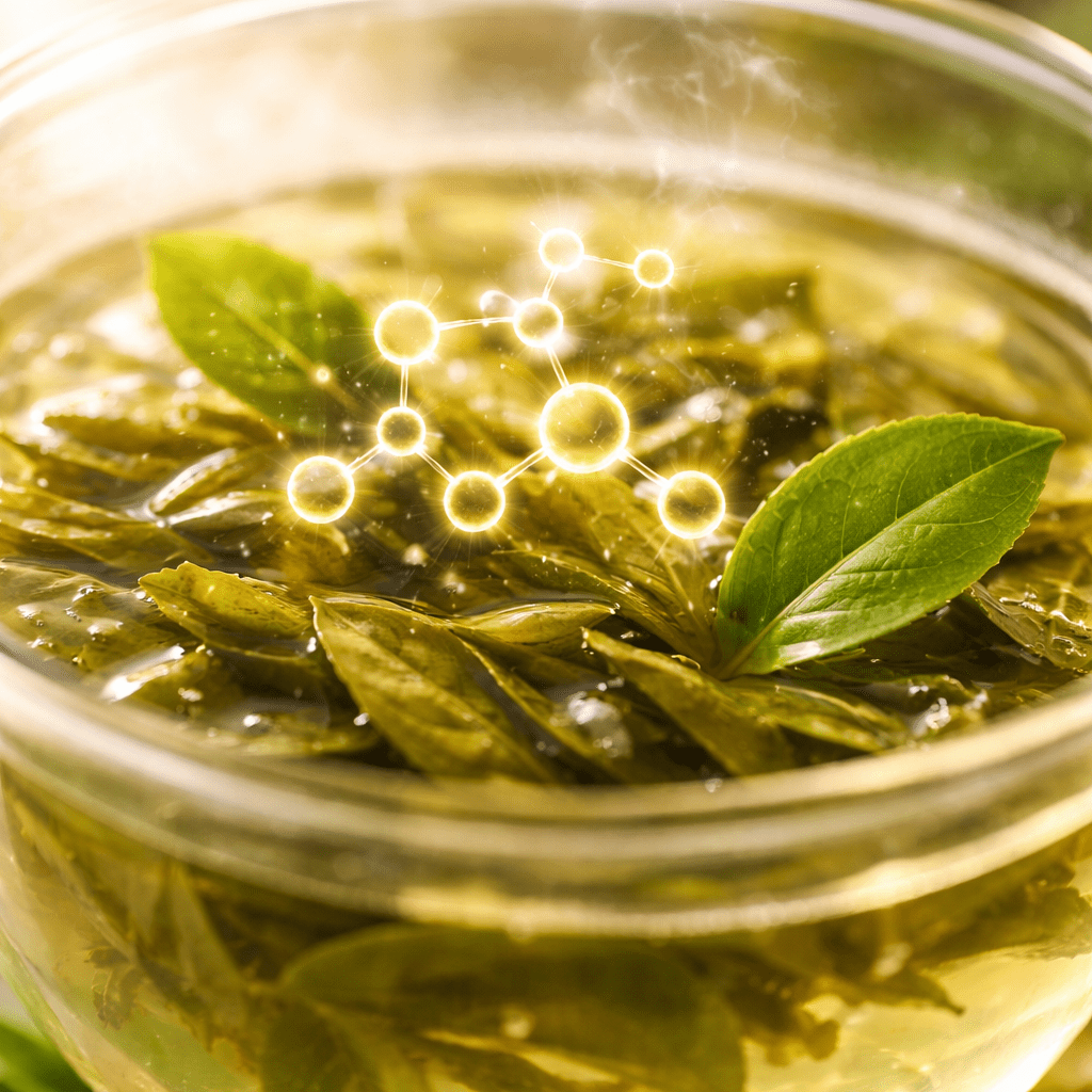 green tea antioxidants illustration showing tea leaves rich in polyphenols