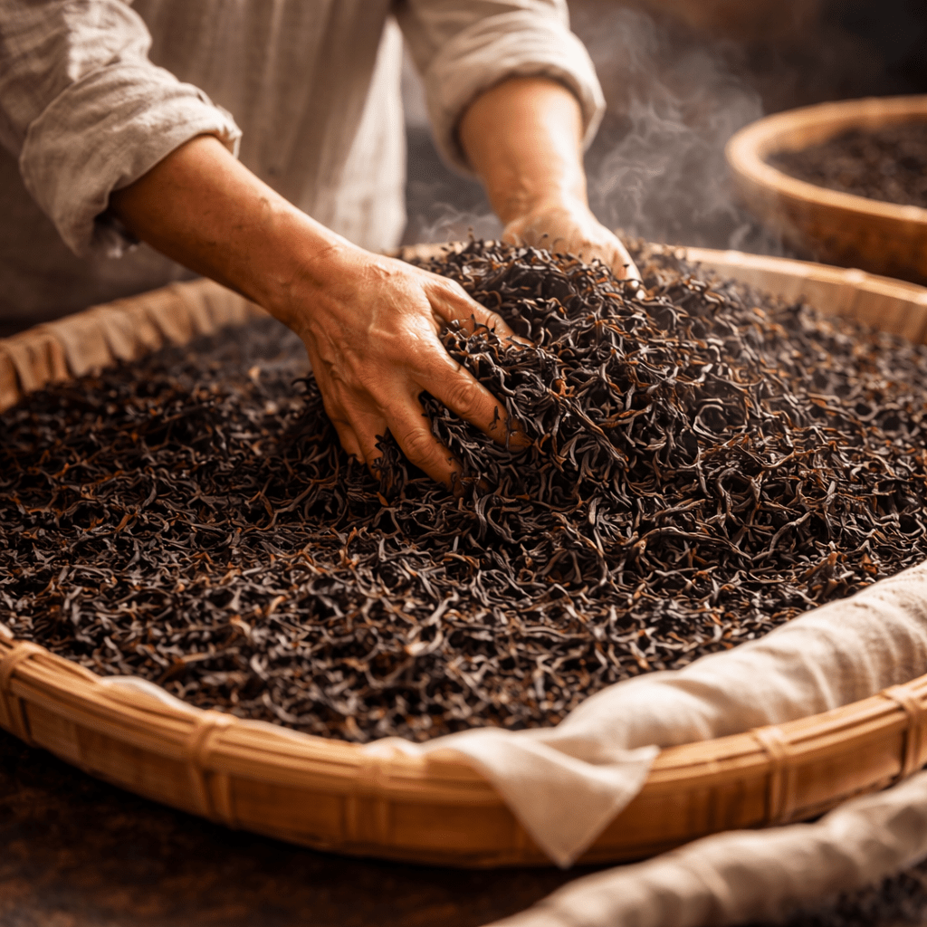traditional black tea processing showing tea leaves being handled during the oxidation stage
