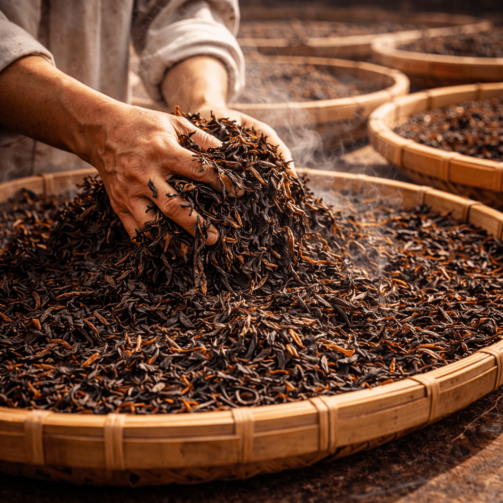 traditional pu erh tea processing with tea leaves drying in bamboo trays during production
