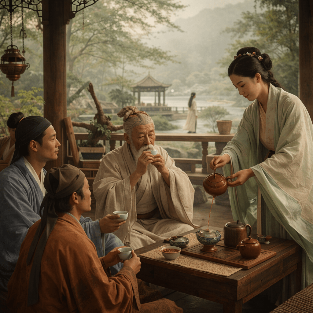 ancient chinese tea culture scene with people wearing traditional clothing sharing tea in a classical pavilion
