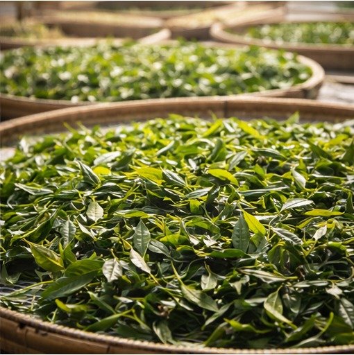 fresh tea leaves spread on bamboo trays during the withering process