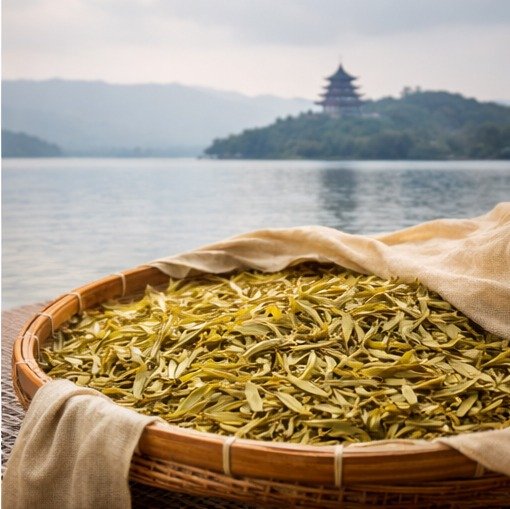 junshan yinzhen yellow tea leaves resting on a bamboo tray near dongting lake