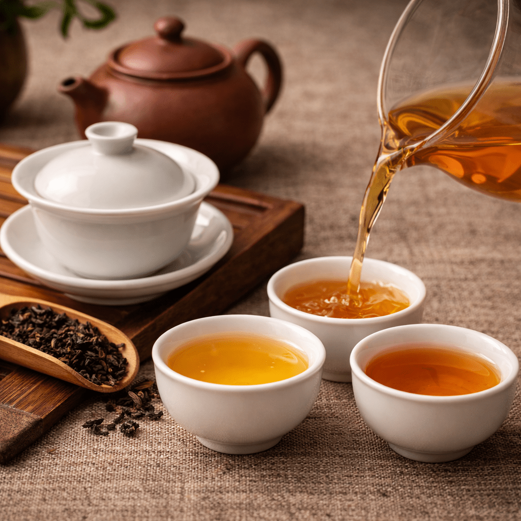gongfu style chinese tea brewing with gaiwan teapot and small tea cups being poured