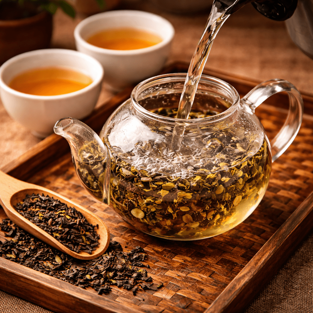 brewing loose leaf tea in a glass teapot with hot water pouring over tea leaves on bamboo tray
