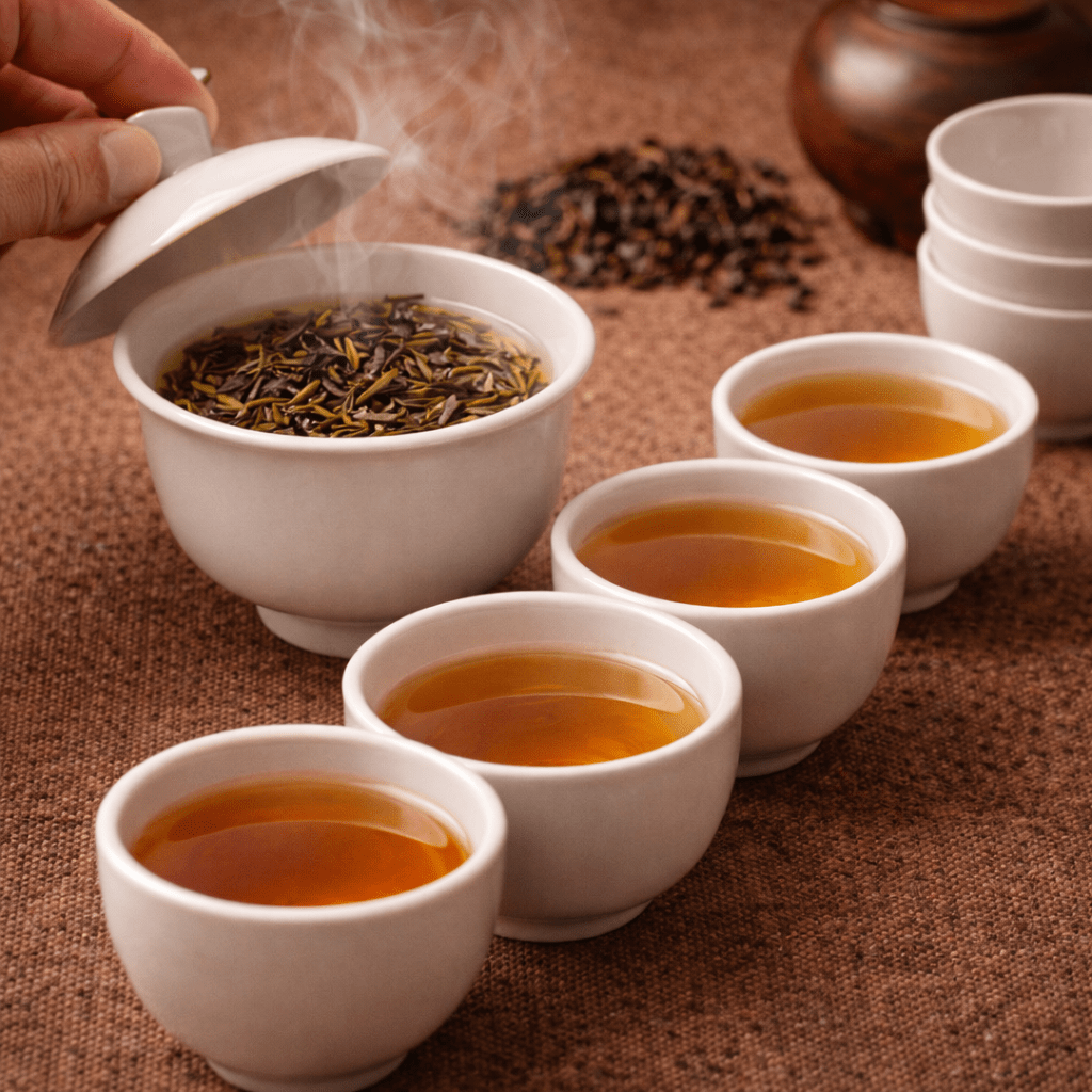 traditional chinese tea brewing using a gaiwan with several small cups showing repeated tea infusions