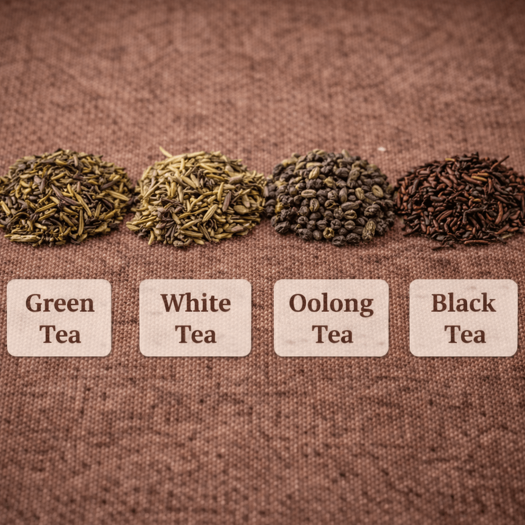 comparison of different loose leaf tea types showing green white oolong and black tea leaves side by side